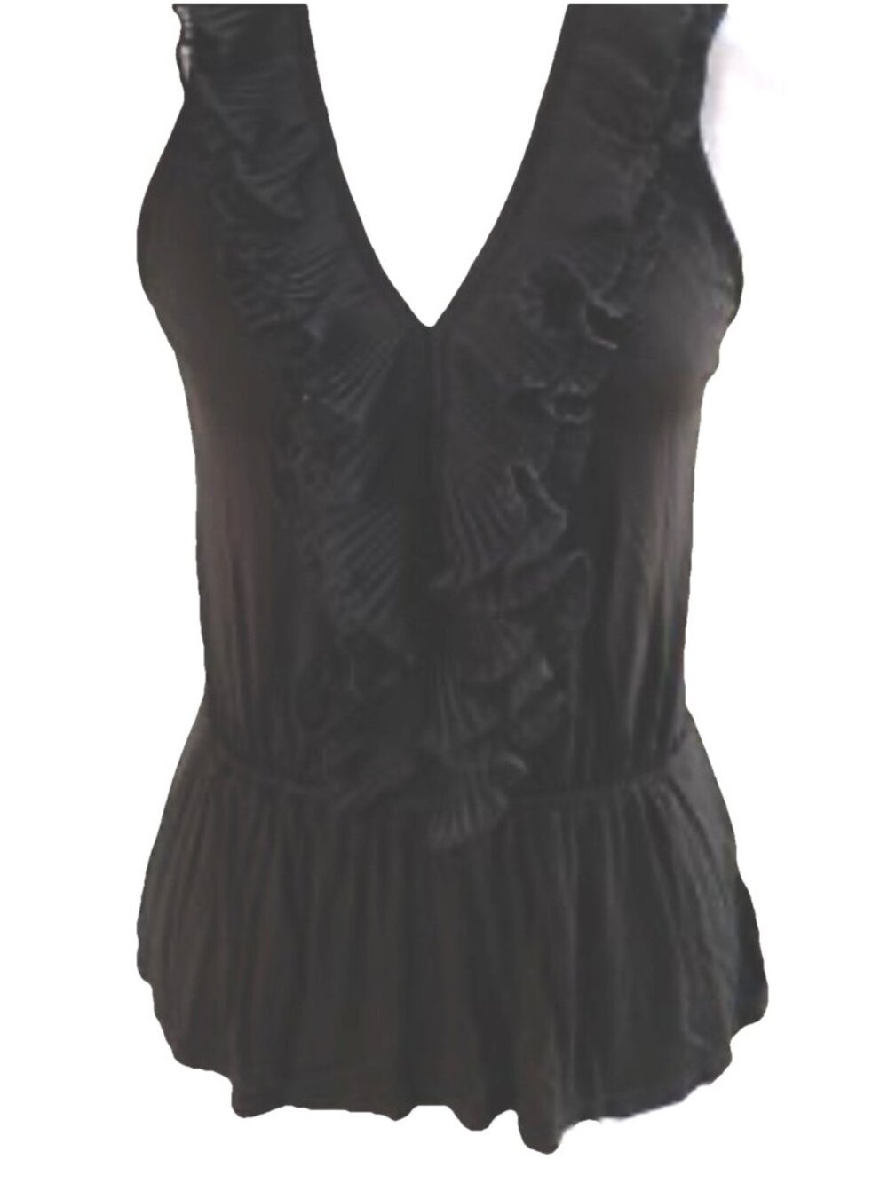 NWT White House Black Market Black Chiffon Ruffled V Neck Knit Shell M Stretchy